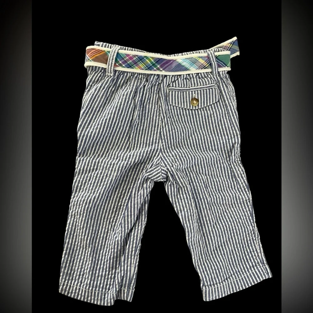 Ralph Lauren Pants Baby Blue White SeerSucker Pants Pastel Belt Sz 6 Mo Months